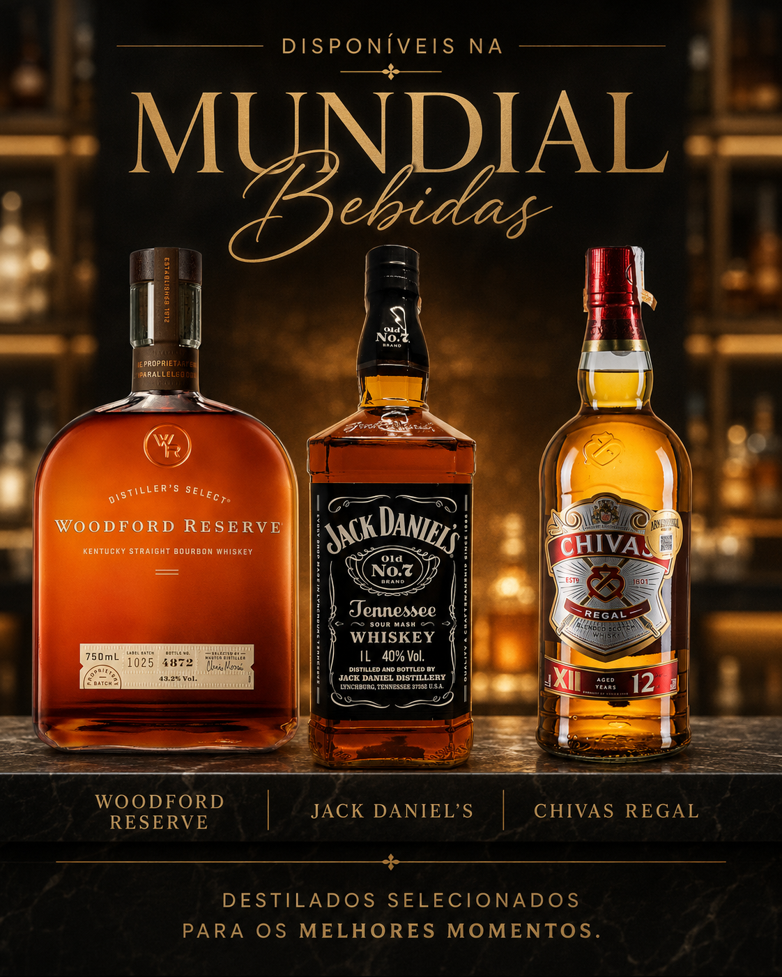 Destilados Woodford Reserve, Jack Daniel's e Chivas Regal disponíveis na Mundial Bebidas
