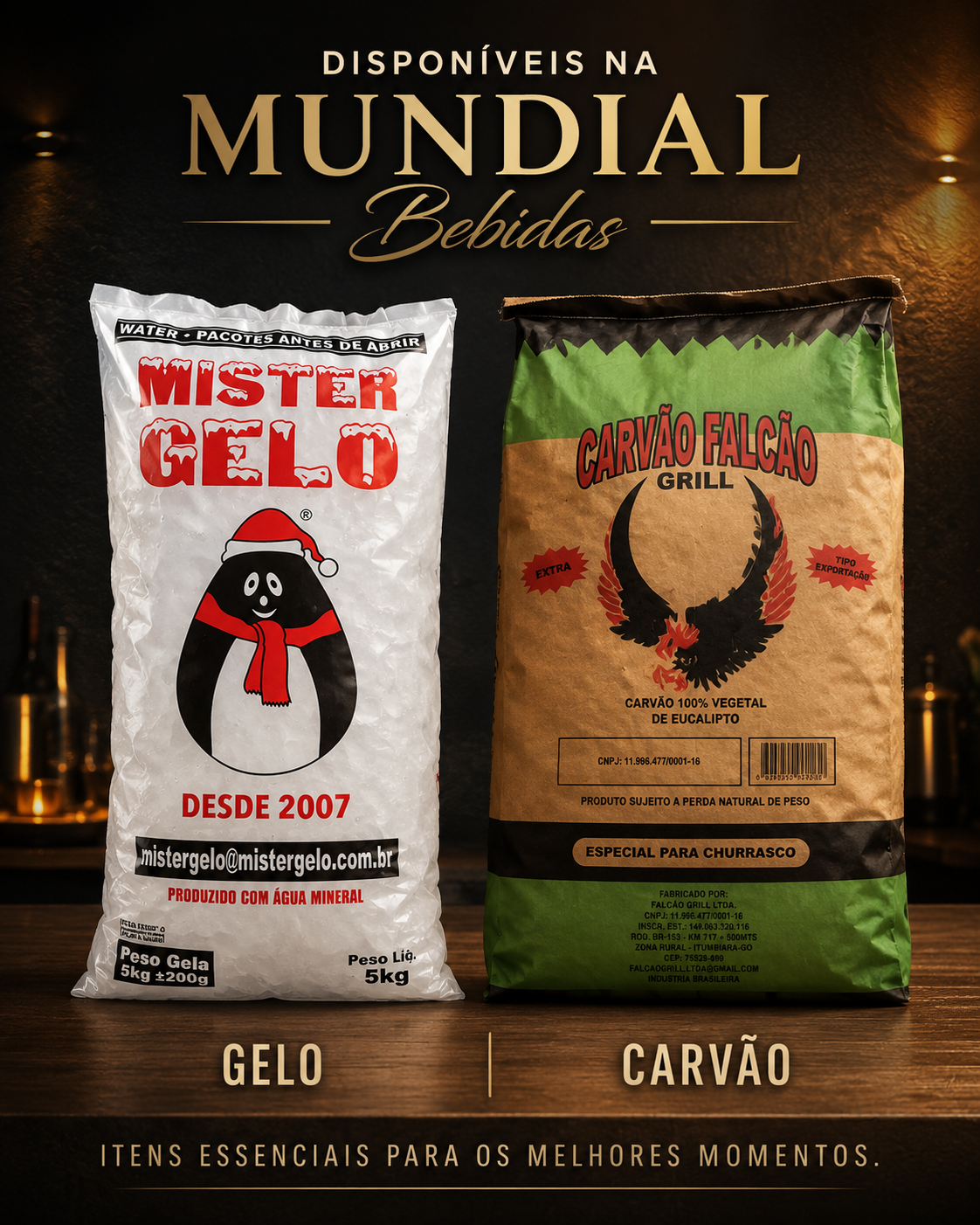 Gelo Mister Gelo e carvão Falcão disponíveis na Mundial Bebidas