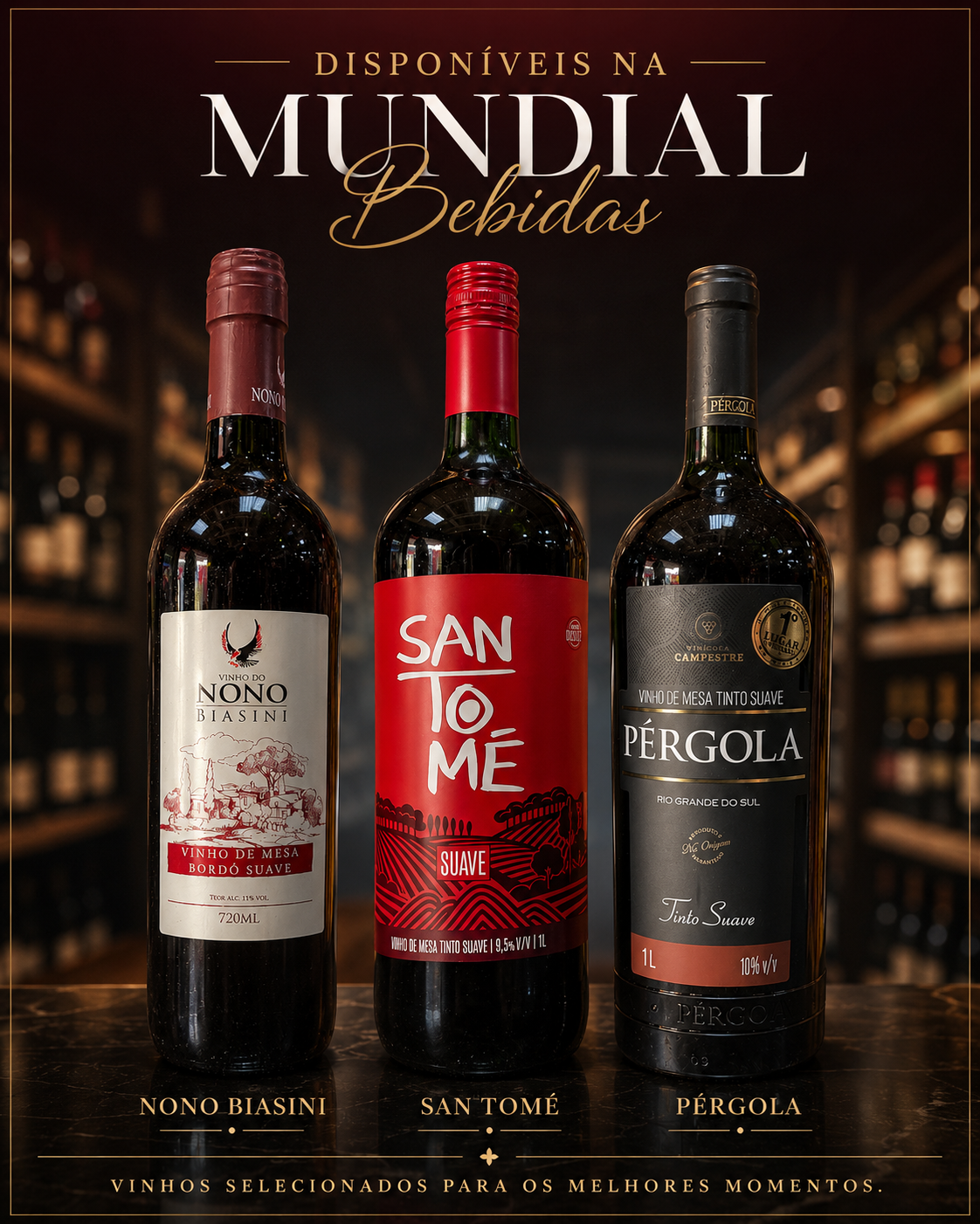Vinhos Nono Biasini, San Tomé e Pérgola disponíveis na Mundial Bebidas